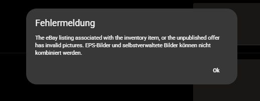 Wenn beim Bestellung reduzieren der folgende Fehler auftaucht, gibt es die folgende Lösungsmöglichkeit:
- Das Produkt welches Betroffen ist, taucht in der Fehlermeldung per Mail auf
- Dieses Produkt bei eBay bearbeiten mit den vorhandenen Parametern (Beispiel Kategorie Gedenkmünzen + Versandart Kompaktbrief)
Nachdem das Produkt erfolgreich bearbeitet die Bestellung erneut reduzieren. Es kann passieren, dass mehrere Artikel enthalten sind, die so bearbeitet werden müssen.