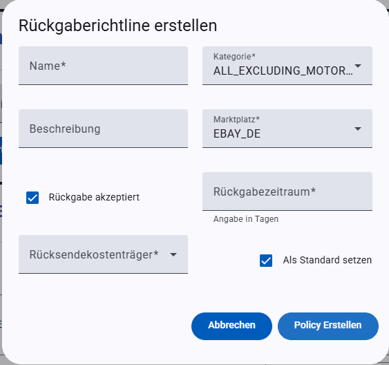 Einige Felder werden vom System vorausgefüllt. Die Checkbox unten rechts in der Ecke signalisiert, ob die neue Richtline als Standard verwendet werden soll.