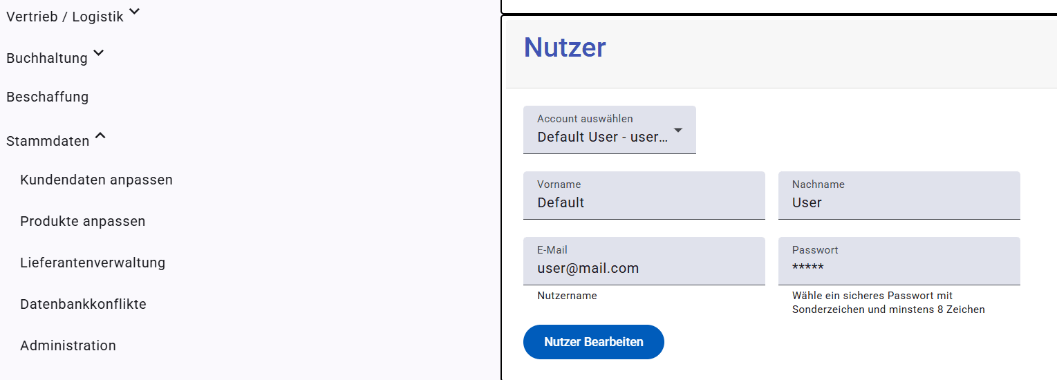 Nach der Freischaltung des Nutzeraccount sollte bei der ersten Anmeldung das initiale Passwort geändert werden. Dazu wird im Stammdaten Menü der Bereich Administration aufgerufen. In diesem Menü kann der Nutzer in einem Dropdown ausgewählt werden. Das neue Passwort wird in das Passwort Feld eingegeben und die Änderungen werden mit einem Klick auf "Nutzer bearbeiten" bestätigt. 