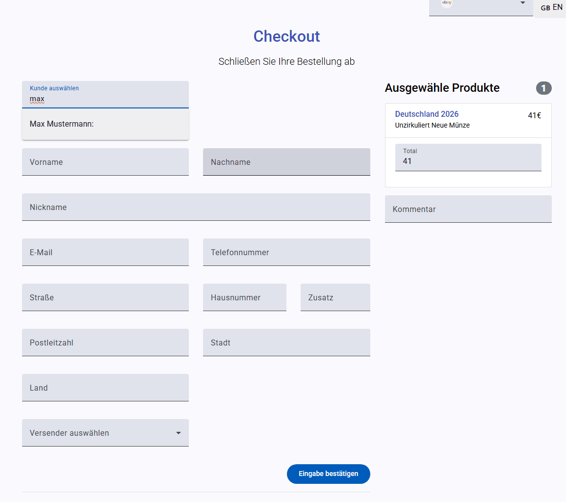 Auf der folgenden Seite werden die Kundendaten eingefügt. Dazu kann entweder über das Dropdown, durch die Eingabe des Kundennamen, ein Kunde ausgewählt werden oder die persönlichen Daten des Kunden direkt unten in die Felder eingefügt werden.
Wenn bereits der Bestellbetrag bekannt ist, kann dieser im total-Feld eingetragen werden. Die Auswahl eines Versenders erfolgt über das Dropdown am unteren Ende und ist für jede Bestellung erforderlich, selbst, wenn nur ein Versender angelegt ist.
Mit Klick auf "Eingabe Bestätigen" wird die Bestellung angelegt.