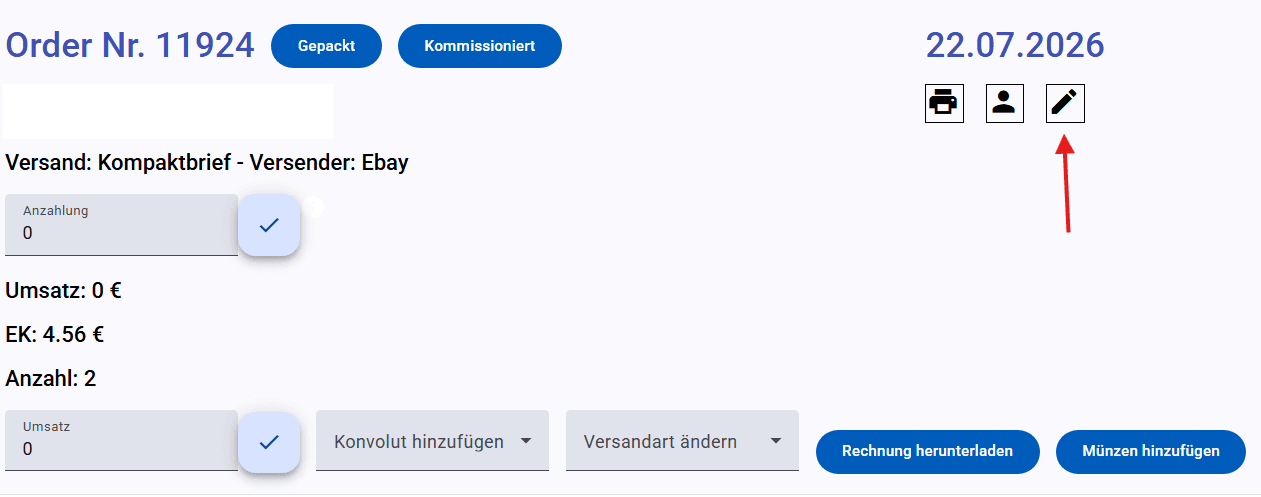 Weitere Informationen zur Bestätigung können über die Bestellungs-Detailansicht angezeigt werden. Dazu den Stift oben rechts klicken.