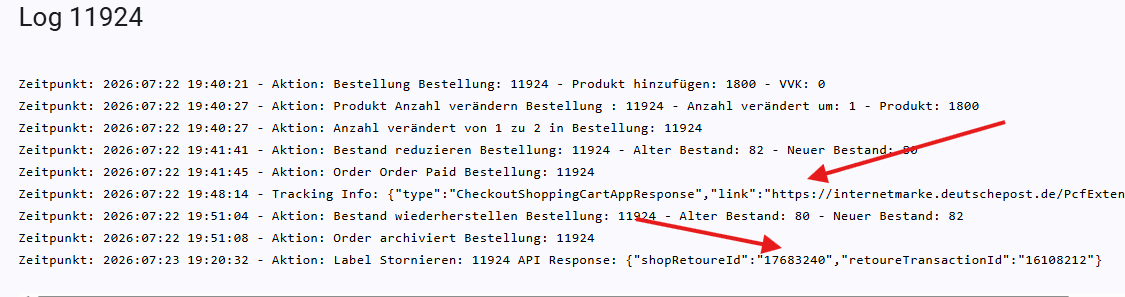 Die Logausgabe zeigt oben die Label Erstellung und im Zweiten die Stornierung mit der entsprechenden RetourenId.